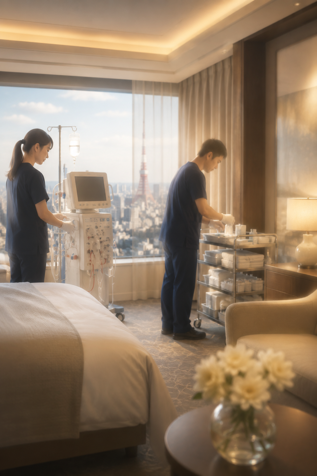 Dialysis care prepared in a luxury hotel suite overlooking Tokyo